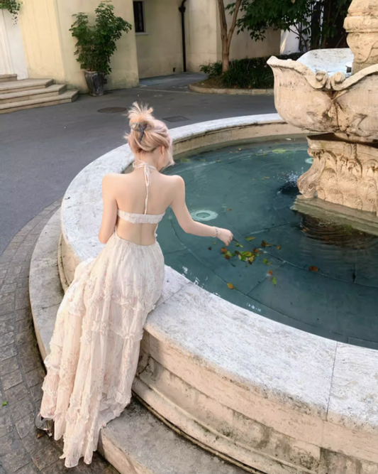 Romantic Ruffles Hem Flowy Maxi Dress Tropical Vacations Floral Print Halter Long Dress AP1268