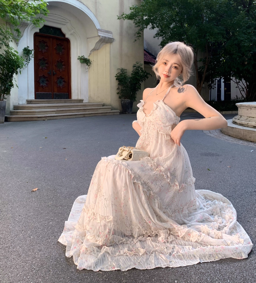 Romantic Ruffles Hem Flowy Maxi Dress Tropical Vacations Floral Print Halter Long Dress AP1268