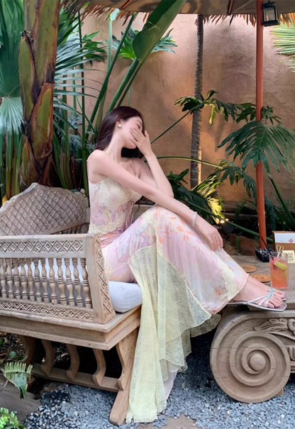 Dopamine Flowing Lace Trim Maxi Dress French Flair Spaghetti Strap Floral Print Long Dress AP1269