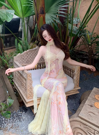 Dopamine Flowing Lace Trim Maxi Dress French Flair Spaghetti Strap Floral Print Long Dress AP1269