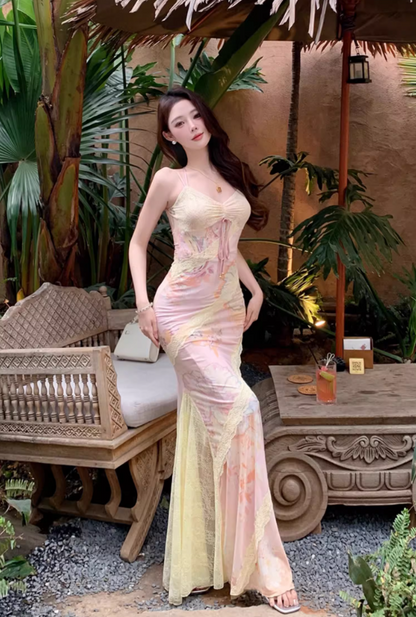 Dopamine Flowing Lace Trim Maxi Dress French Flair Spaghetti Strap Floral Print Long Dress AP1269