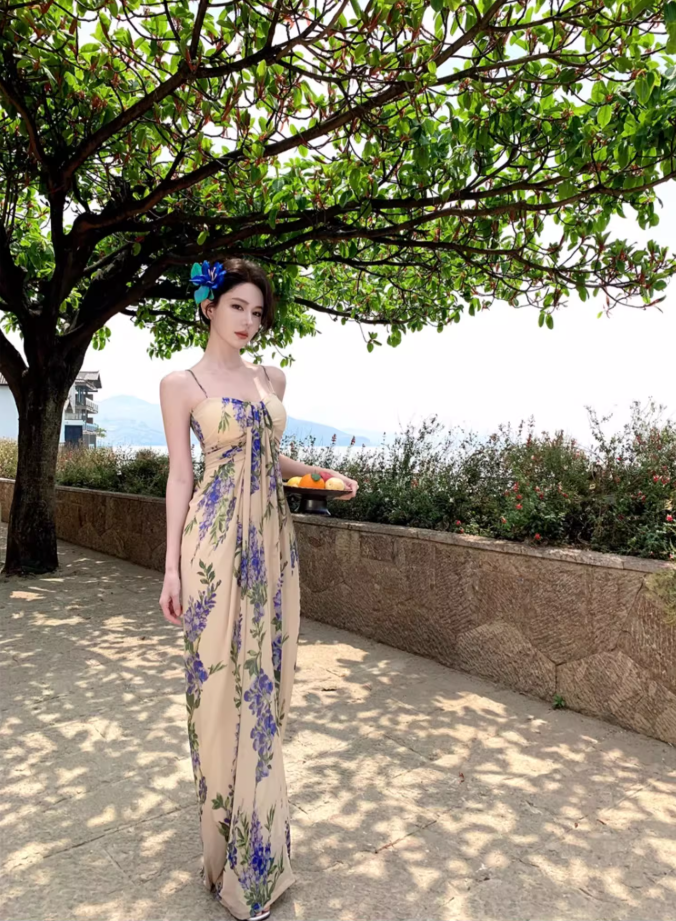 Boho-Inspired Flowing Blue Flowers Print Maxi Dress Vogue Spaghetti Strap Loose Style Long Dress AP1270