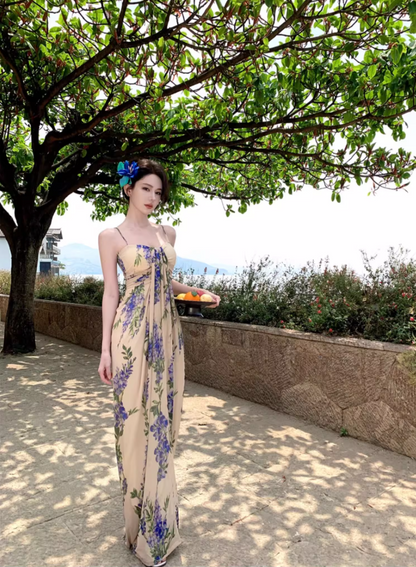 Boho-Inspired Flowing Blue Flowers Print Maxi Dress Vogue Spaghetti Strap Loose Style Long Dress AP1270