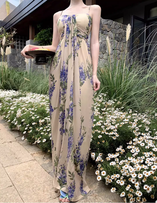Boho-Inspired Flowing Blue Flowers Print Maxi Dress Vogue Spaghetti Strap Loose Style Long Dress AP1270