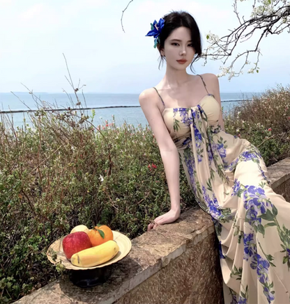 Boho-Inspired Flowing Blue Flowers Print Maxi Dress Vogue Spaghetti Strap Loose Style Long Dress AP1270