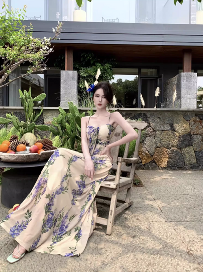 Boho-Inspired Flowing Blue Flowers Print Maxi Dress Vogue Spaghetti Strap Loose Style Long Dress AP1270