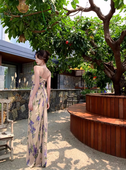 Boho-Inspired Flowing Blue Flowers Print Maxi Dress Vogue Spaghetti Strap Loose Style Long Dress AP1270