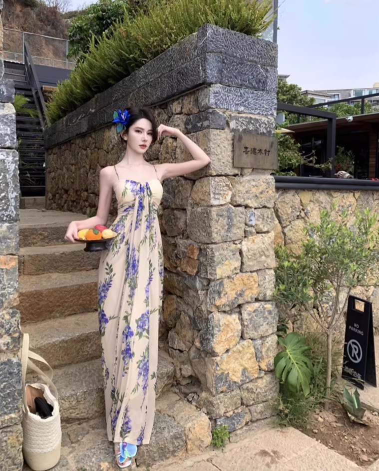 Boho-Inspired Flowing Blue Flowers Print Maxi Dress Vogue Spaghetti Strap Loose Style Long Dress AP1270