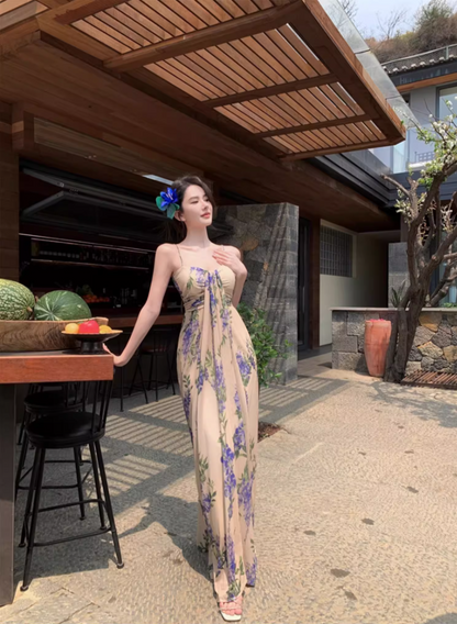 Boho-Inspired Flowing Blue Flowers Print Maxi Dress Vogue Spaghetti Strap Loose Style Long Dress AP1270