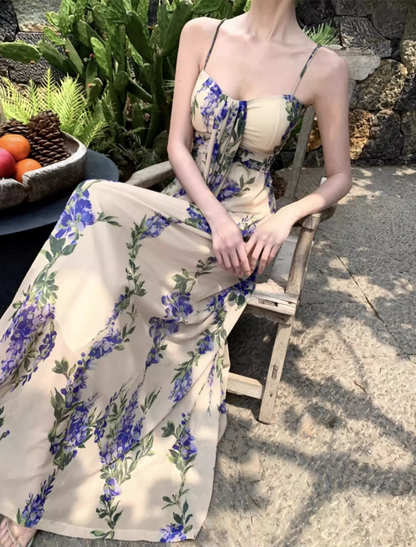 Boho-Inspired Flowing Blue Flowers Print Maxi Dress Vogue Spaghetti Strap Loose Style Long Dress AP1270