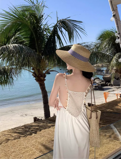 Stunning Crochet-Back Maxi Dress Vogue Spaghetti Strap V-Neck Loose Style Long Dress AP1271