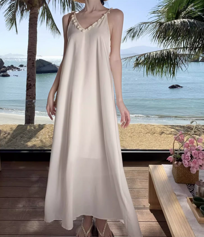 Stunning Crochet-Back Maxi Dress Vogue Spaghetti Strap V-Neck Loose Style Long Dress AP1271