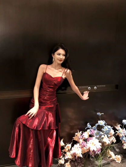 Graceful Red Flowing Feast Party Maxi Dress French Flair Spaghetti Strap Sheen Fabric Long Dress AP1272