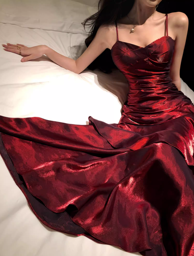 Graceful Red Flowing Feast Party Maxi Dress French Flair Spaghetti Strap Sheen Fabric Long Dress AP1272