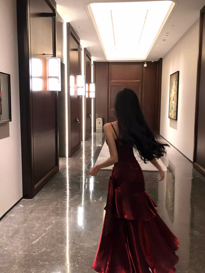 Graceful Red Flowing Feast Party Maxi Dress French Flair Spaghetti Strap Sheen Fabric Long Dress AP1272