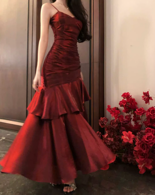 Graceful Red Flowing Feast Party Maxi Dress French Flair Spaghetti Strap Sheen Fabric Long Dress AP1272