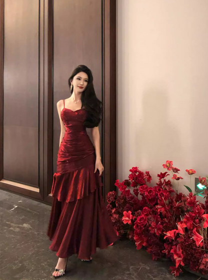 Graceful Red Flowing Feast Party Maxi Dress French Flair Spaghetti Strap Sheen Fabric Long Dress AP1272