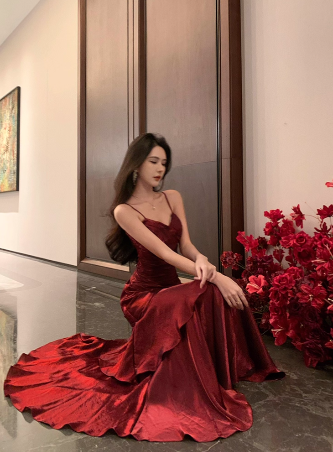 Graceful Red Flowing Feast Party Maxi Dress French Flair Spaghetti Strap Sheen Fabric Long Dress AP1272