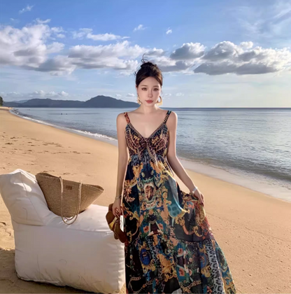 Bohemian Sweetheart Neck Pattern Print Maxi Dress Exotic Flair Spaghetti Strap Flowy Long Dress AP1273