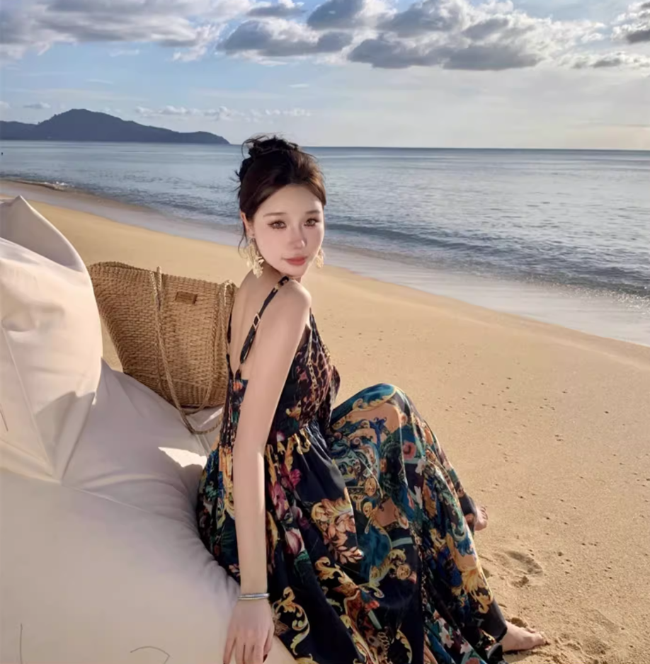 Bohemian Sweetheart Neck Pattern Print Maxi Dress Exotic Flair Spaghetti Strap Flowy Long Dress AP1273