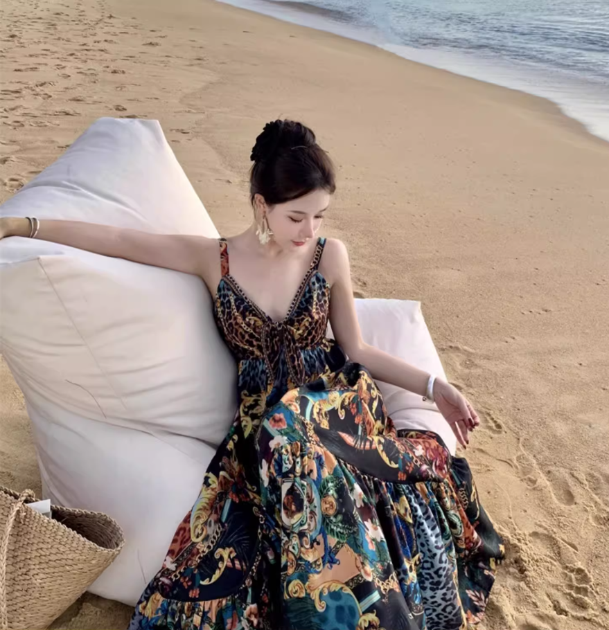 Bohemian Sweetheart Neck Pattern Print Maxi Dress Exotic Flair Spaghetti Strap Flowy Long Dress AP1273