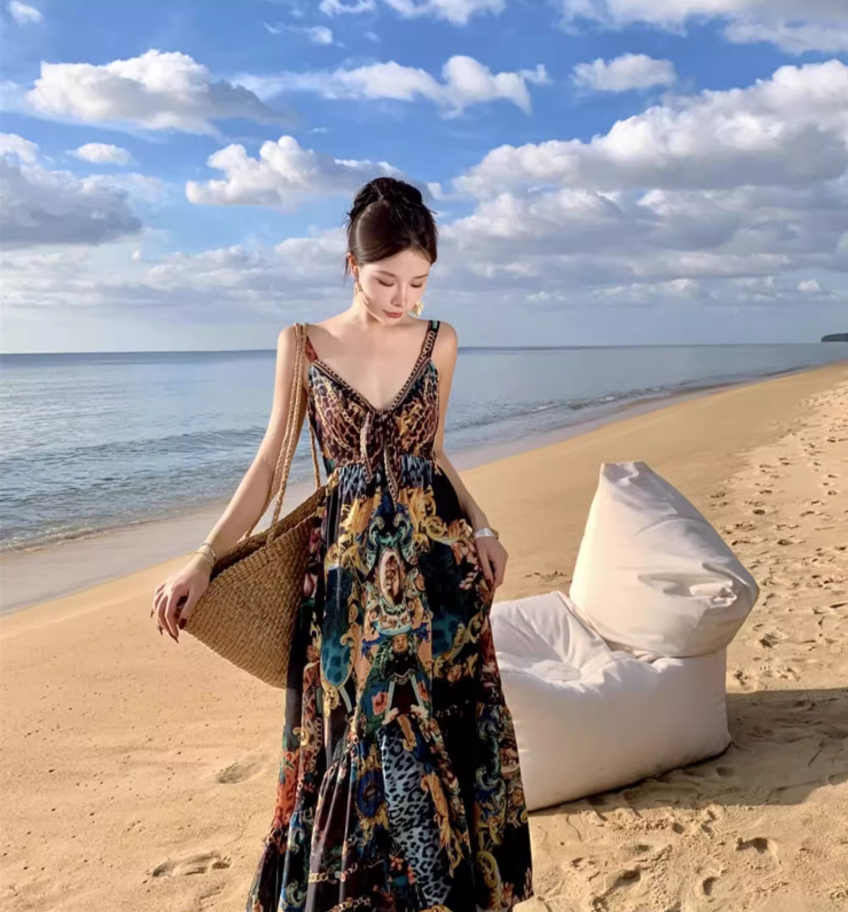 Bohemian Sweetheart Neck Pattern Print Maxi Dress Exotic Flair Spaghetti Strap Flowy Long Dress AP1273