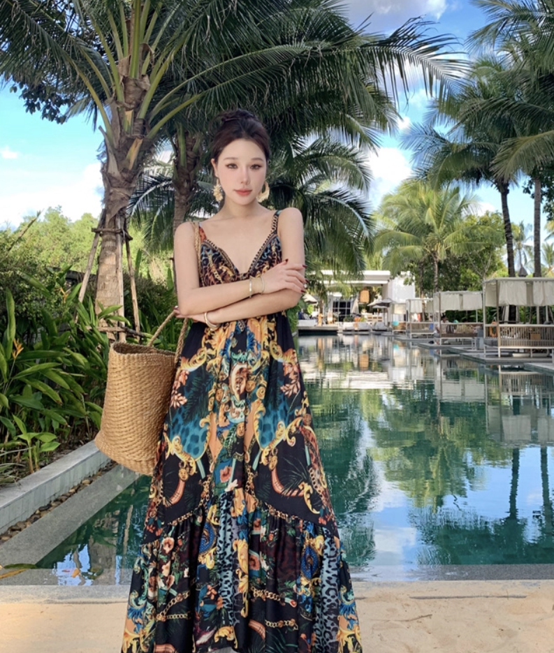 Bohemian Sweetheart Neck Pattern Print Maxi Dress Exotic Flair Spaghetti Strap Flowy Long Dress AP1273