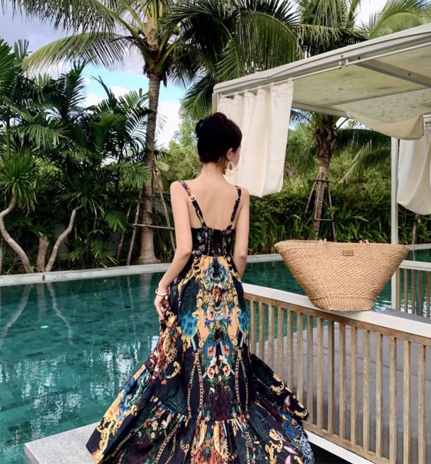 Bohemian Sweetheart Neck Pattern Print Maxi Dress Exotic Flair Spaghetti Strap Flowy Long Dress AP1273