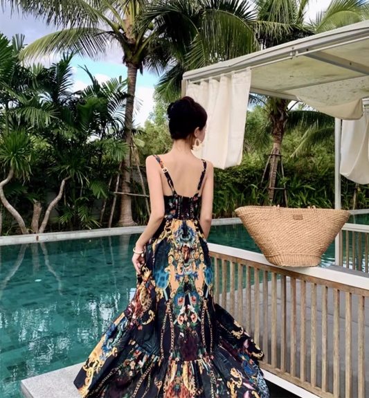 Bohemian Sweetheart Neck Pattern Print Maxi Dress Exotic Flair Spaghetti Strap Flowy Long Dress AP1273