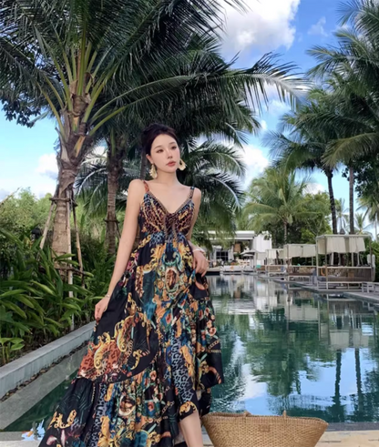 Bohemian Sweetheart Neck Pattern Print Maxi Dress Exotic Flair Spaghetti Strap Flowy Long Dress AP1273