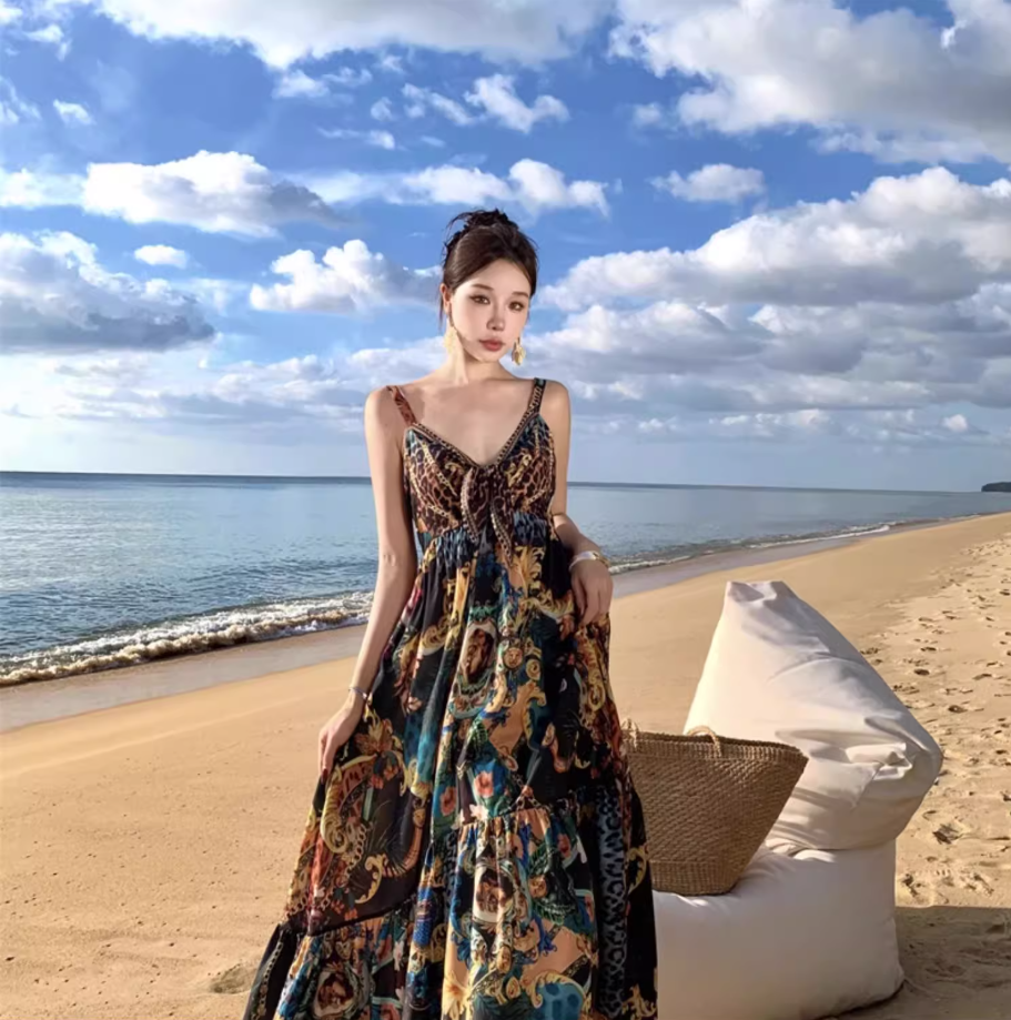 Bohemian Sweetheart Neck Pattern Print Maxi Dress Exotic Flair Spaghetti Strap Flowy Long Dress AP1273