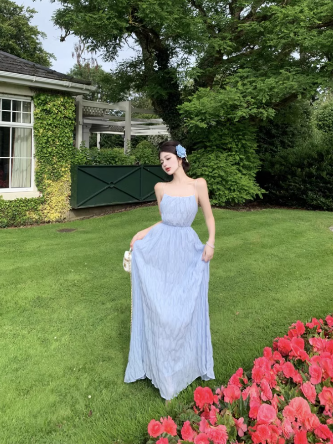 Romantic Flowy Minimalist Ruched Maxi Dress Chic Backless Spaghetti Strap Long Dress AP1274