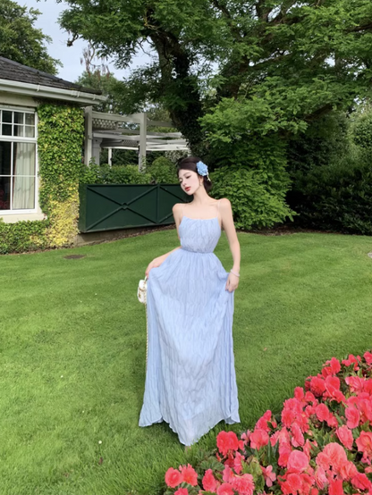 Romantic Flowy Minimalist Ruched Maxi Dress Chic Backless Spaghetti Strap Long Dress AP1274