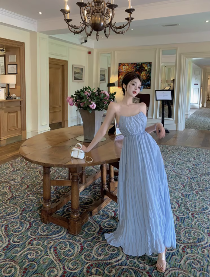 Romantic Flowy Minimalist Ruched Maxi Dress Chic Backless Spaghetti Strap Long Dress AP1274