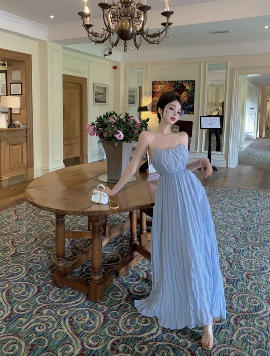 Romantic Flowy Minimalist Ruched Maxi Dress Chic Backless Spaghetti Strap Long Dress AP1274