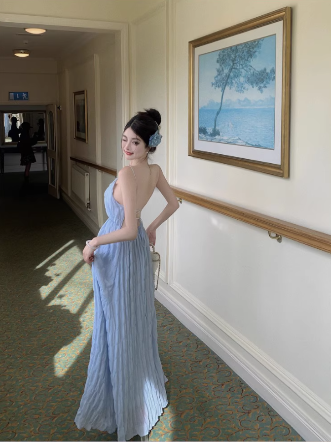 Romantic Flowy Minimalist Ruched Maxi Dress Chic Backless Spaghetti Strap Long Dress AP1274