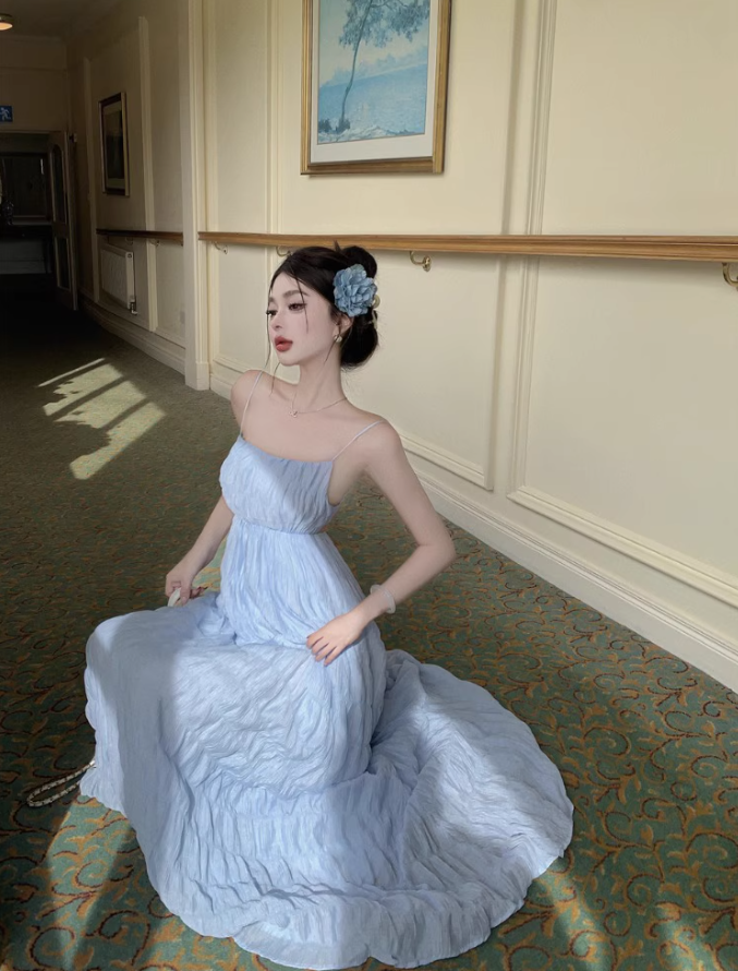 Romantic Flowy Minimalist Ruched Maxi Dress Chic Backless Spaghetti Strap Long Dress AP1274