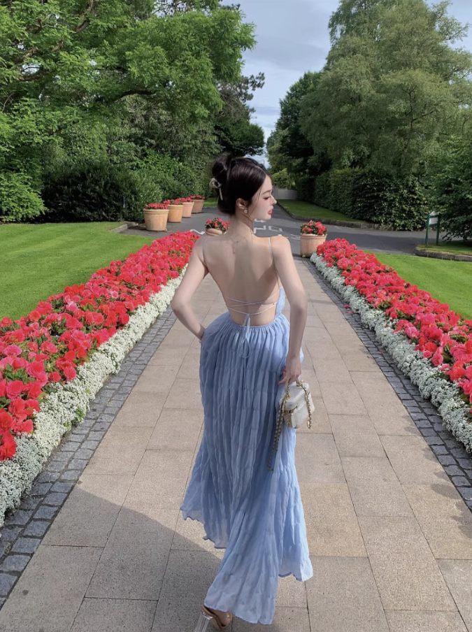 Romantic Flowy Minimalist Ruched Maxi Dress Chic Backless Spaghetti Strap Long Dress AP1274