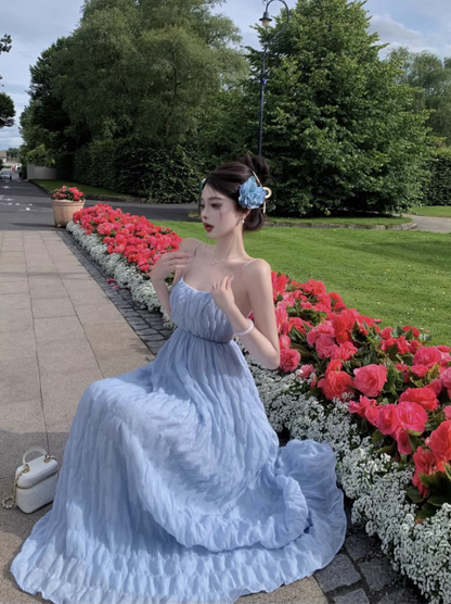 Romantic Flowy Minimalist Ruched Maxi Dress Chic Backless Spaghetti Strap Long Dress AP1274