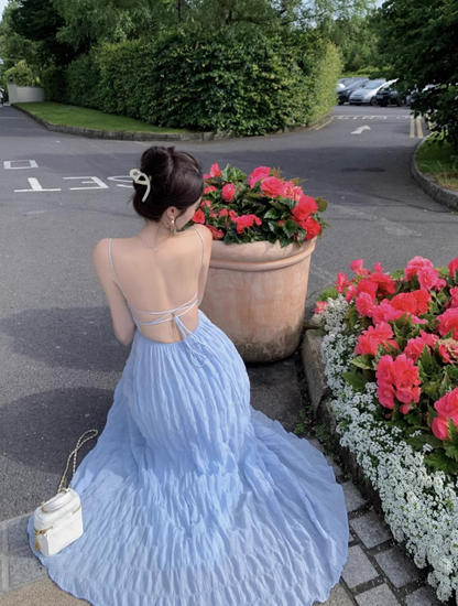 Romantic Flowy Minimalist Ruched Maxi Dress Chic Backless Spaghetti Strap Long Dress AP1274