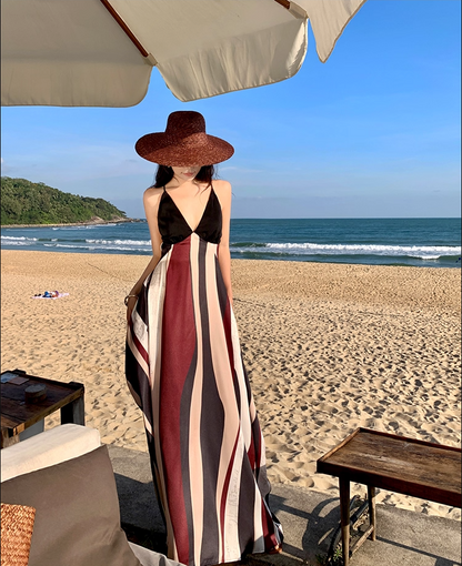 Vintage Flowy Color-Block Striped Beach Hangouts Maxi Dress Vogue Tie-Back Spaghetti Strap Long Dress AP1275