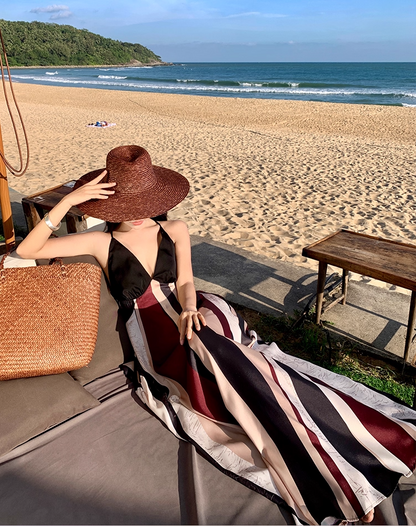 Vintage Flowy Color-Block Striped Beach Hangouts Maxi Dress Vogue Tie-Back Spaghetti Strap Long Dress AP1275