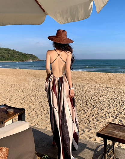 Vintage Flowy Color-Block Striped Beach Hangouts Maxi Dress Vogue Tie-Back Spaghetti Strap Long Dress AP1275