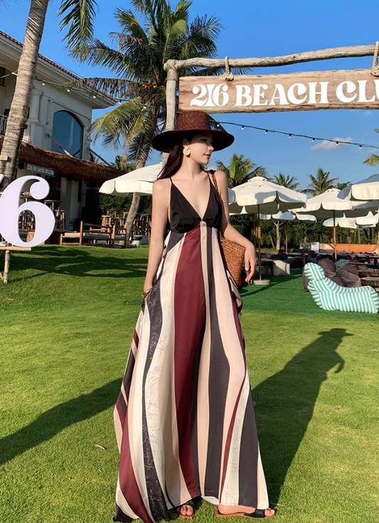 Vintage Flowy Color-Block Striped Beach Hangouts Maxi Dress Vogue Tie-Back Spaghetti Strap Long Dress AP1275