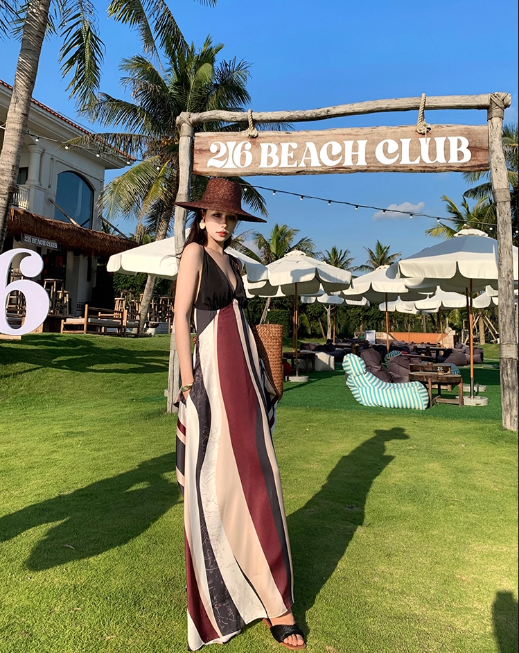 Vintage Flowy Color-Block Striped Beach Hangouts Maxi Dress Vogue Tie-Back Spaghetti Strap Long Dress AP1275