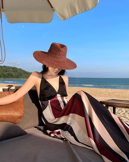 Vintage Flowy Color-Block Striped Beach Hangouts Maxi Dress Vogue Tie-Back Spaghetti Strap Long Dress AP1275