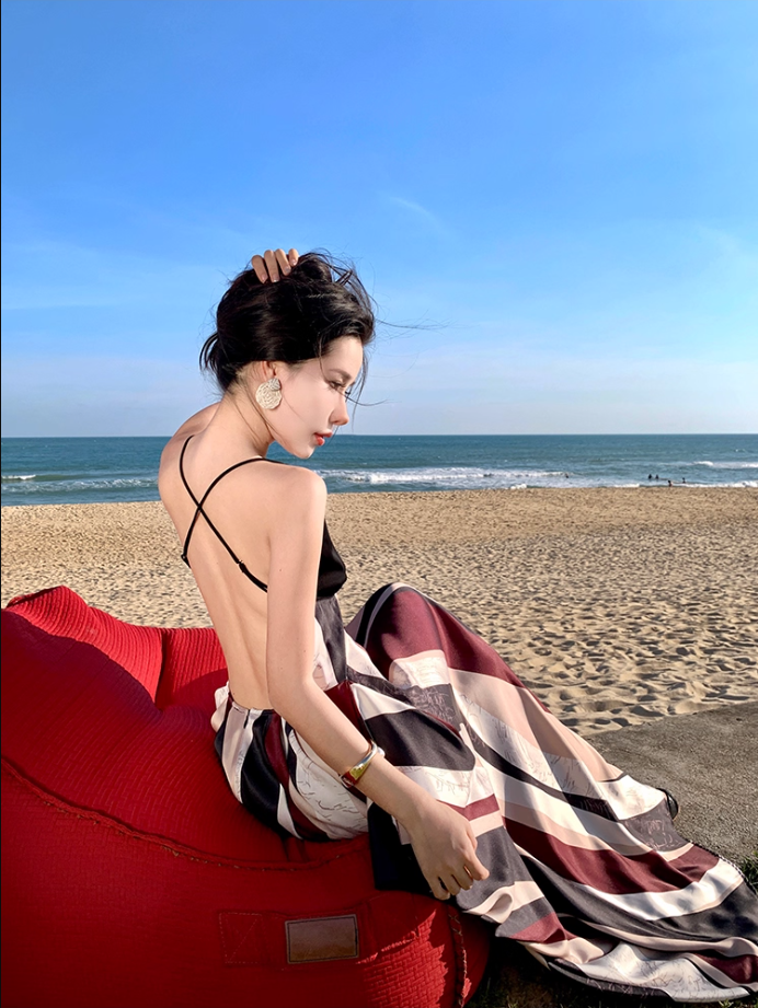 Vintage Flowy Color-Block Striped Beach Hangouts Maxi Dress Vogue Tie-Back Spaghetti Strap Long Dress AP1275