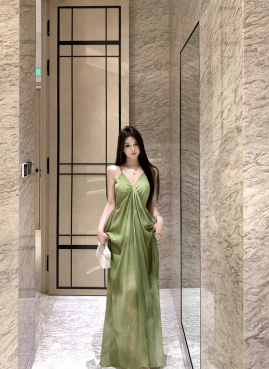 Ethereal Flowy V-Neck Green Natural Draped Maxi Dress Beach Hangouts Spaghetti Strap Long Dress AP1276