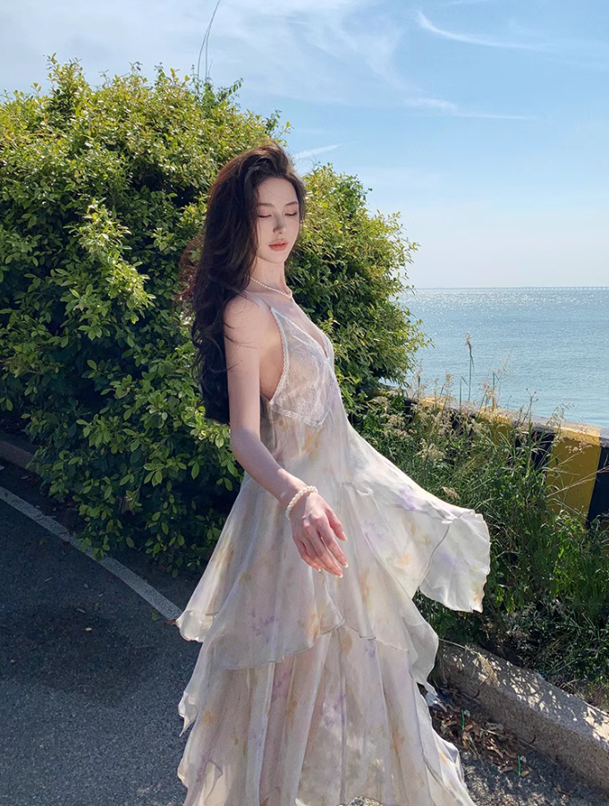 Dreamy Flowy Asymmetric Ruffles Hem Maxi Dress Floral Print Lace Splicing Sheen Fabric Long Dress AP1277