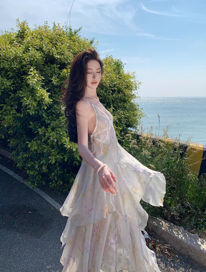 Dreamy Flowy Asymmetric Ruffles Hem Maxi Dress Floral Print Lace Splicing Sheen Fabric Long Dress AP1277